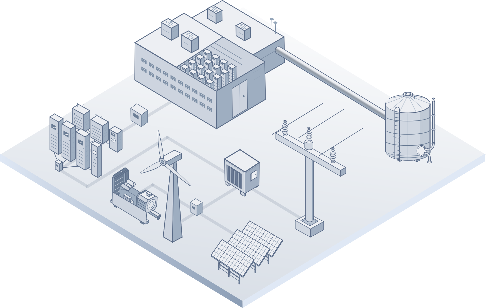 Integrated facility with computing infrastructure, cooling, storage and electricity grid equipment